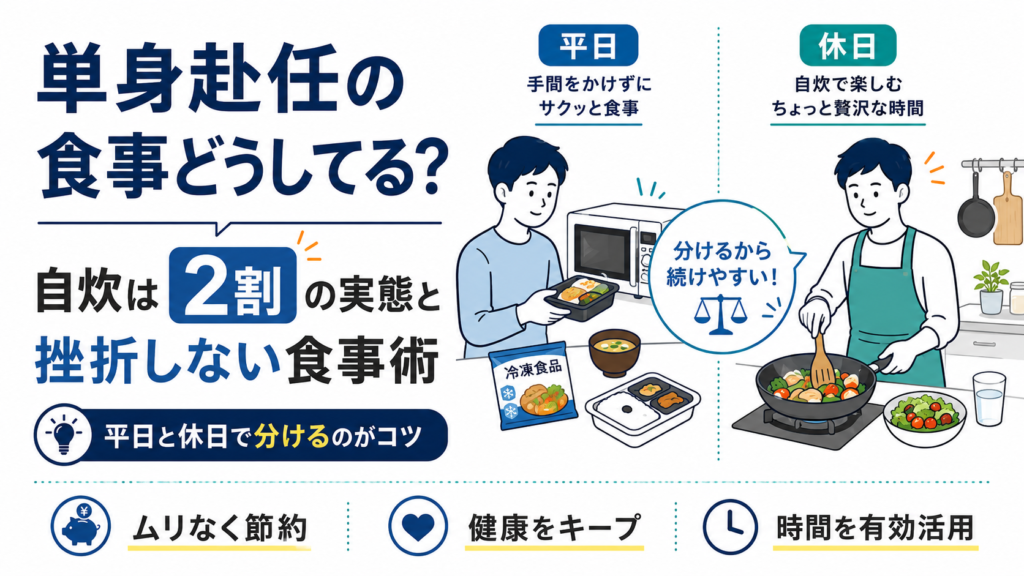 単身赴任中の男性が平日は冷凍食品や電子レンジで手軽に食事を済ませ、休日は自炊を楽しむ様子を示したアイキャッチ画像