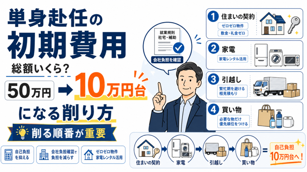 単身赴任の初期費用を、住まいの契約・家電・引越し・買い物の順で見直し、50万円前後から10万円台まで抑える考え方を図解したアイキャッチ画像