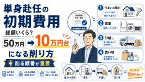 単身赴任の初期費用を、住まいの契約・家電・引越し・買い物の順で見直し、50万円前後から10万円台まで抑える考え方を図解したアイキャッチ画像