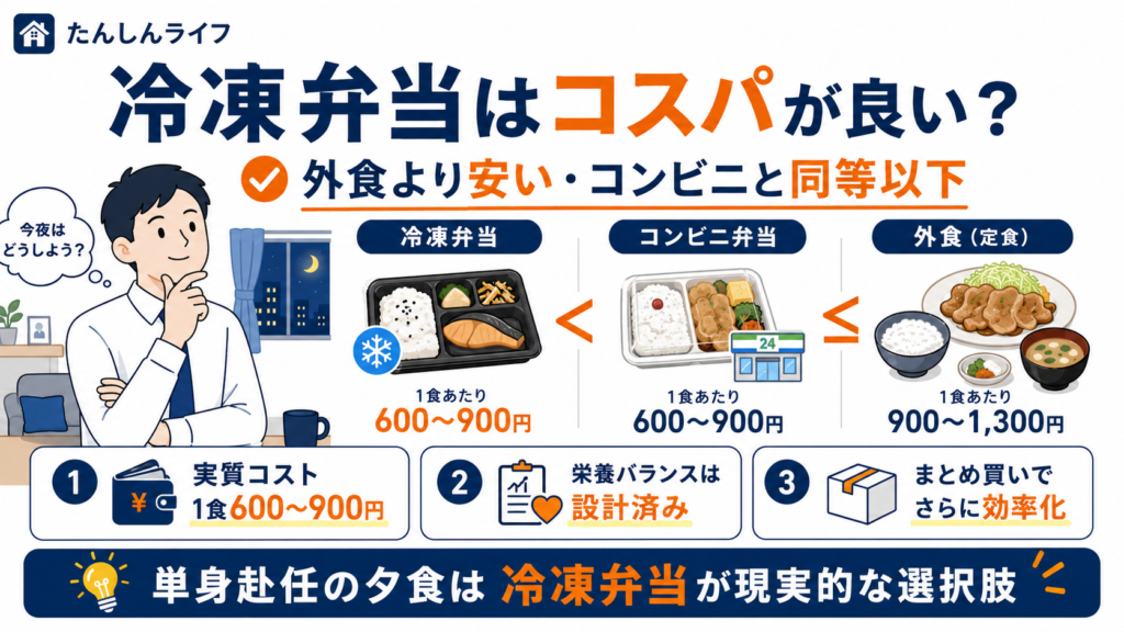 単身赴任の冷凍弁当が外食やコンビニよりコスパが良いかを比較したアイキャッチ画像