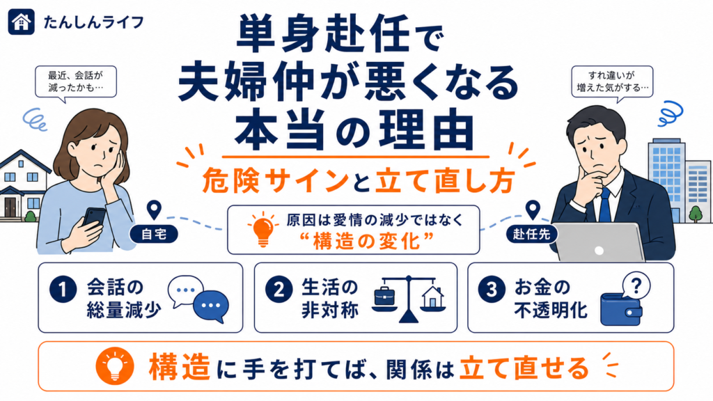 単身赴任で夫婦仲が悪くなる理由として、会話の減少、生活の非対称、お金の不透明化などの構造的な問題と、関係を立て直す考え方を示したアイキャッチ画像