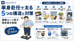 単身赴任で太る原因として、夕食の質、飲酒頻度、ついで買い、野菜とたんぱく質不足、誰にも見られていない環境の5つの構造と、夕食の固定化・飲酒ルール化・毎朝の体重記録という対策をまとめたアイキャッチ画像