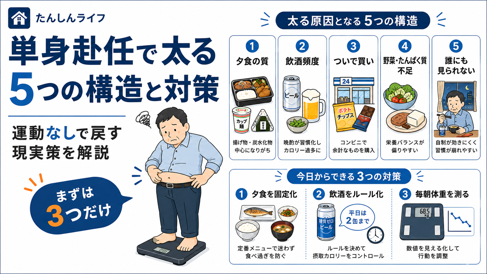 単身赴任で太る原因として、夕食の質、飲酒頻度、ついで買い、野菜とたんぱく質不足、誰にも見られていない環境の5つの構造と、夕食の固定化・飲酒ルール化・毎朝の体重記録という対策をまとめたアイキャッチ画像
