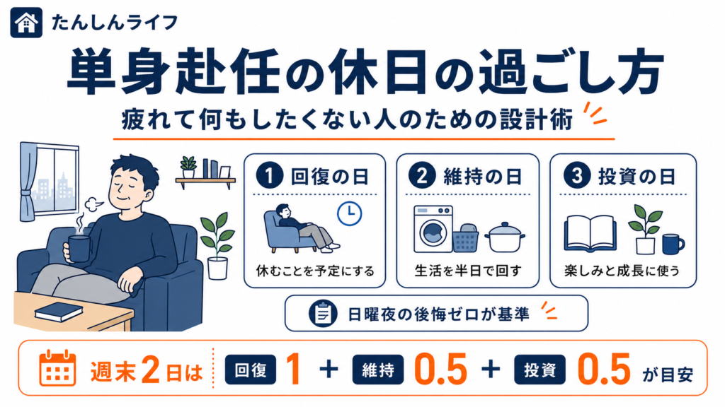 単身赴任の休日の過ごし方を、回復の日・維持の日・投資の日の3タイプに分けて設計する考え方をまとめたアイキャッチ画像