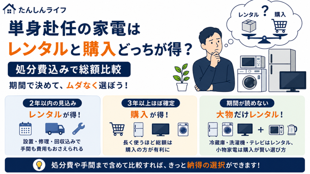 単身赴任の家電をレンタルするか購入するかについて、赴任期間別にどちらが得かを比較したアイキャッチ画像