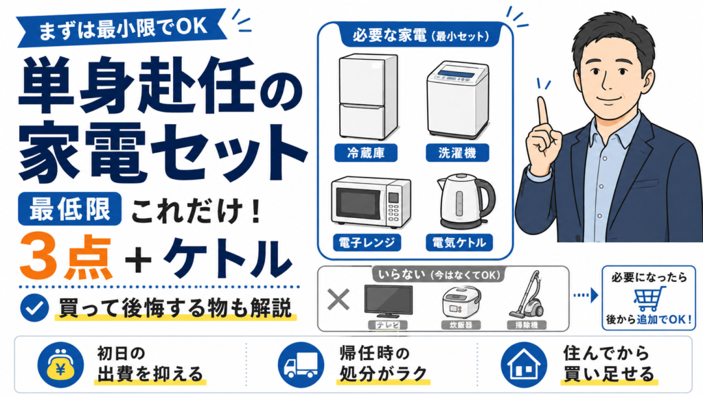 単身赴任の家電セットは冷蔵庫・洗濯機・電子レンジの3点と電気ケトルが最低限で、テレビや炊飯器、掃除機は後から追加できることを示したアイキャッチ画像