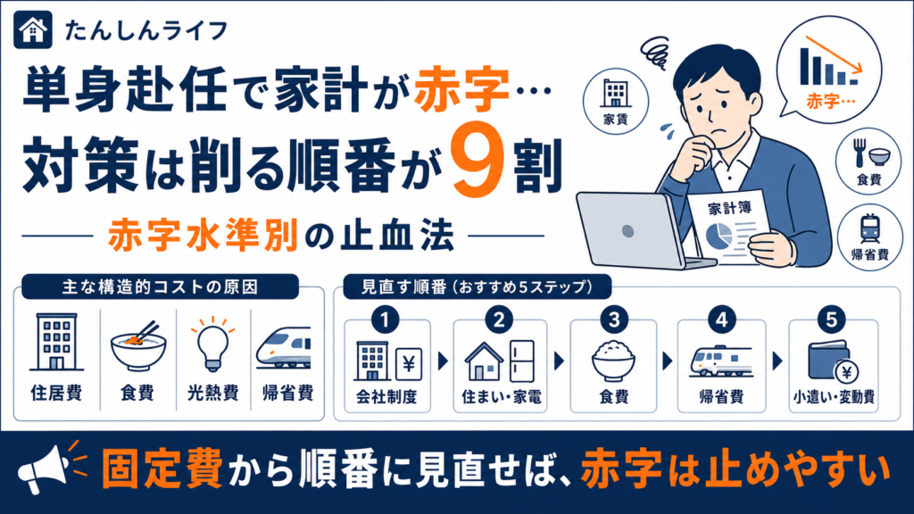 単身赴任で家計が赤字になる原因と、会社制度、固定費、食費、帰省費、小遣いの順に見直す対策をまとめたアイキャッチ画像