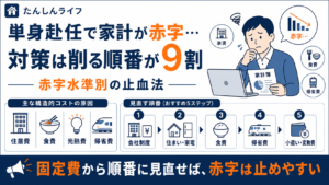 単身赴任で家計が赤字になる原因と、会社制度、固定費、食費、帰省費、小遣いの順に見直す対策をまとめたアイキャッチ画像