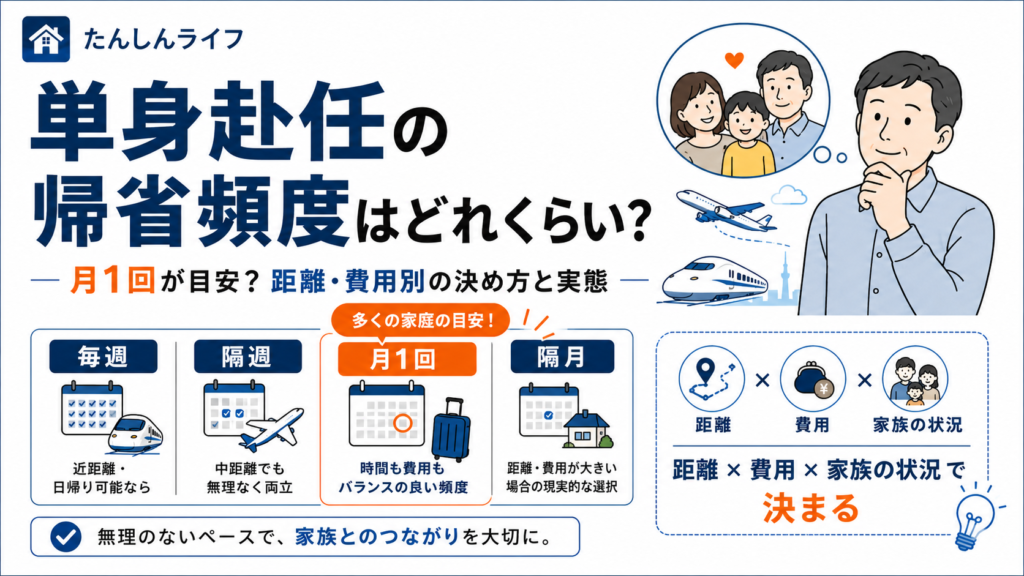 単身赴任の帰省頻度について、月1回を目安にしながら距離・費用・家族の状況で決める考え方をまとめたアイキャッチ画像