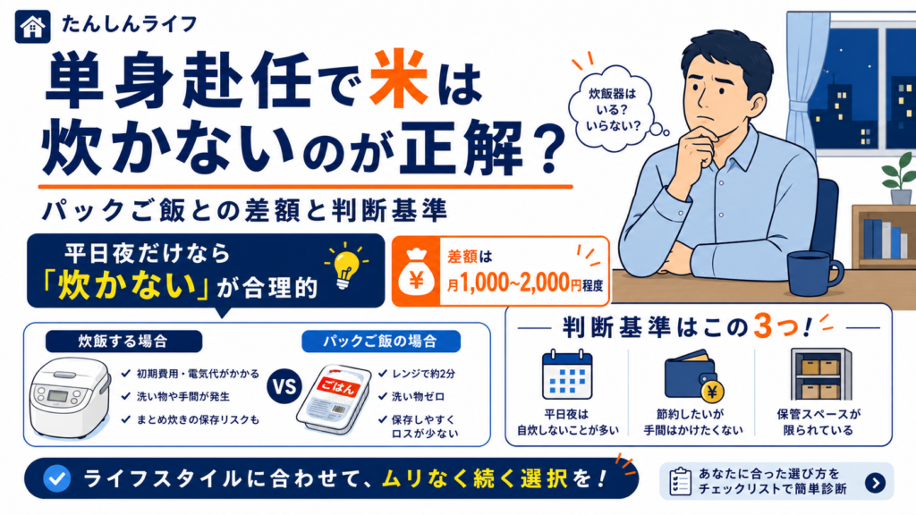 単身赴任では米を炊くよりパックご飯を使う方が合理的かを、コスト差と判断基準をもとに解説したアイキャッチ画像