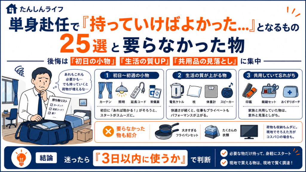 単身赴任で持っていけばよかった物の3つの後悔ポイントと、要らなかった物の考え方をまとめたアイキャッチ画像