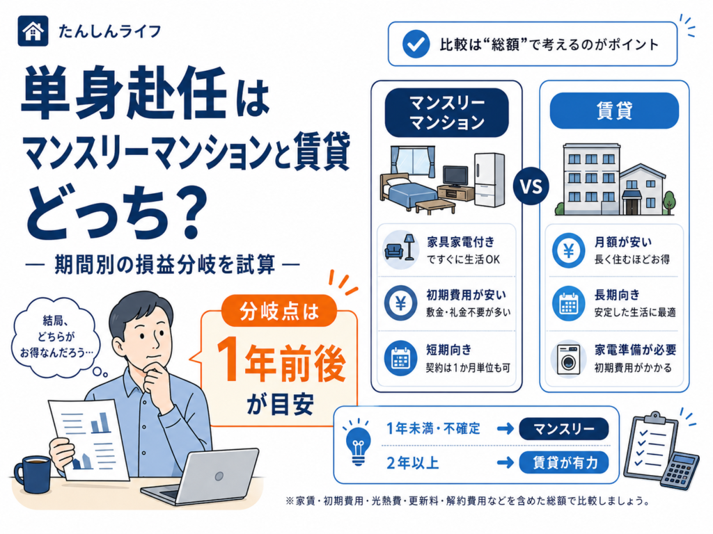 単身赴任の住まい選びで、マンスリーマンションと賃貸を比較し、1年前後が損益分岐の目安であることを示したアイキャッチ画像