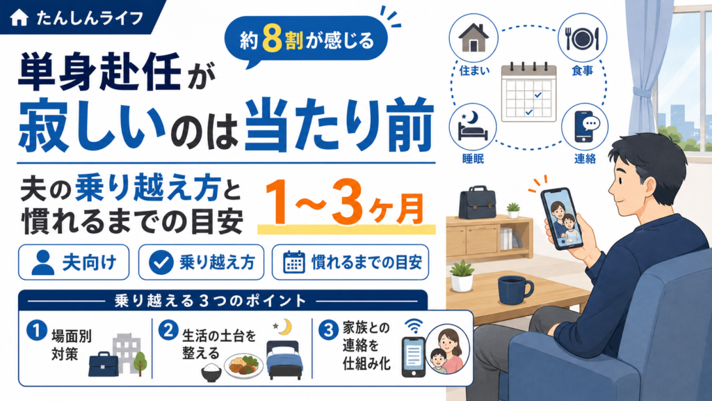 単身赴任中の夫がスマホで家族と連絡を取りながら、寂しさの乗り越え方と慣れるまでの目安を確認しているアイキャッチ画像