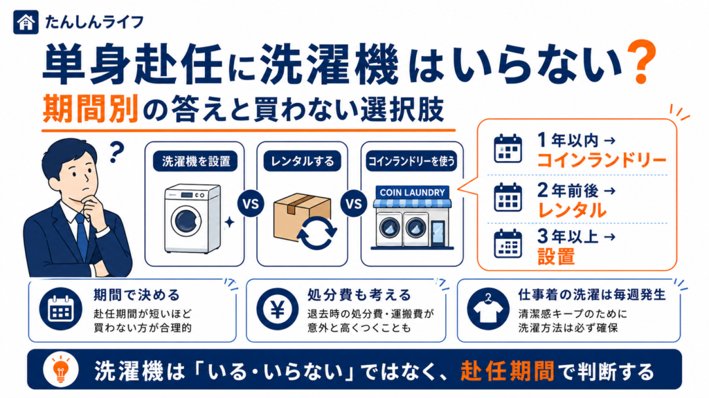 単身赴任で洗濯機が必要かどうかを、赴任期間ごとにコインランドリー、家電レンタル、洗濯機設置で判断するアイキャッチ画像