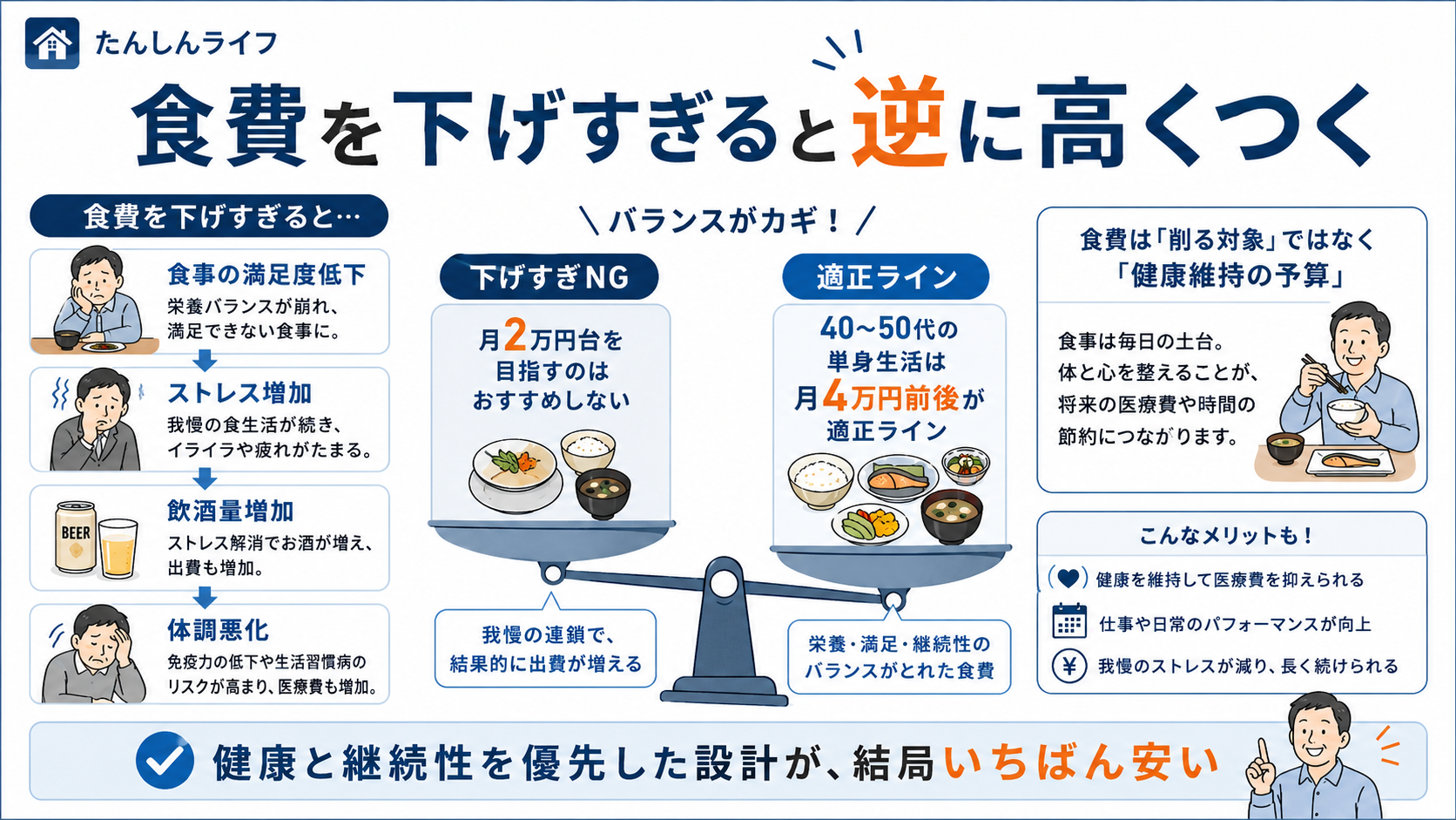 単身赴任の食費を削りすぎると、満足度低下、ストレス増加、飲酒量増加、体調悪化につながり、適正ラインは月4万円前後であることを示した図解