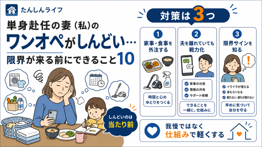 単身赴任中の妻が家事育児を一人で抱え込み、限界が来る前に家事の外注化や夫の戦力化などの対策を考えているアイキャッチ画像