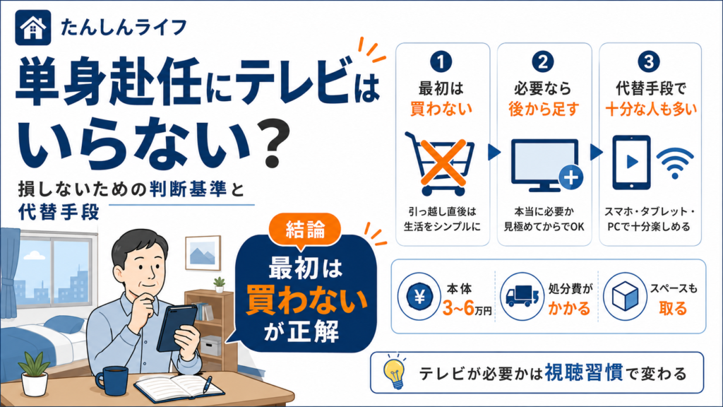 単身赴任ではテレビを最初から買わず、必要なら後から足す考え方と、代替手段で十分な人も多いことをまとめたアイキャッチ画像