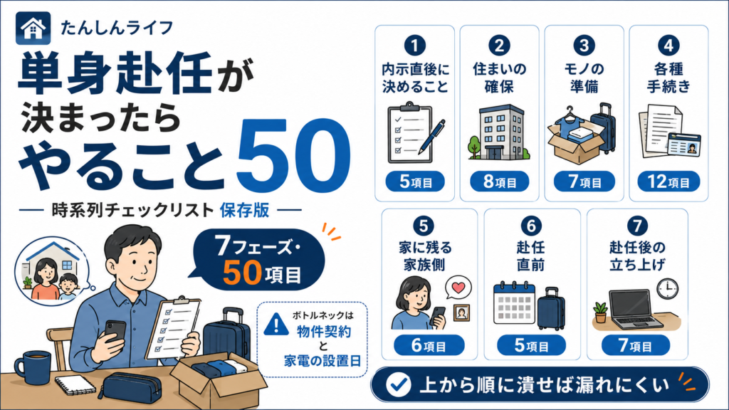 単身赴任が決まった男性が、内示直後から赴任後1週間までの7フェーズ50項目を時系列で確認しているアイキャッチ画像