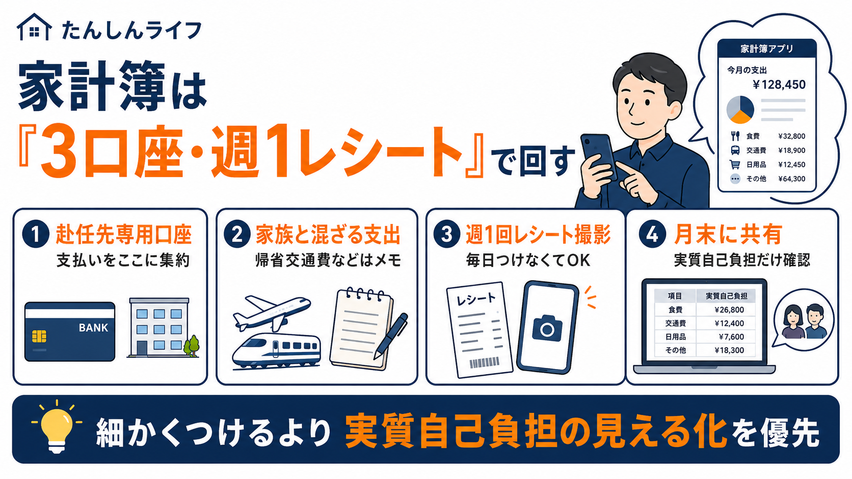 単身赴任の家計簿は3口座と週1回のレシート管理で実質自己負担を見える化する図解