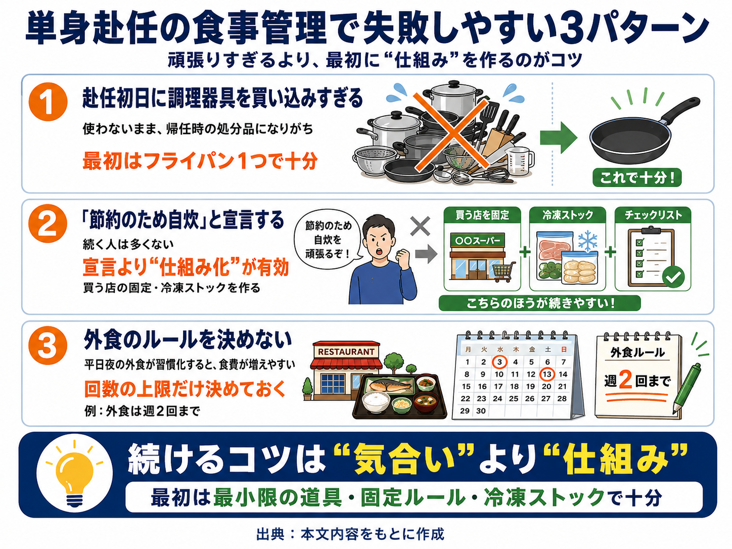 単身赴任の食事管理で失敗しやすい3パターンを示した図解。調理器具を買い込みすぎる、節約のため自炊と宣言する、外食のルールを決めない例を紹介している。