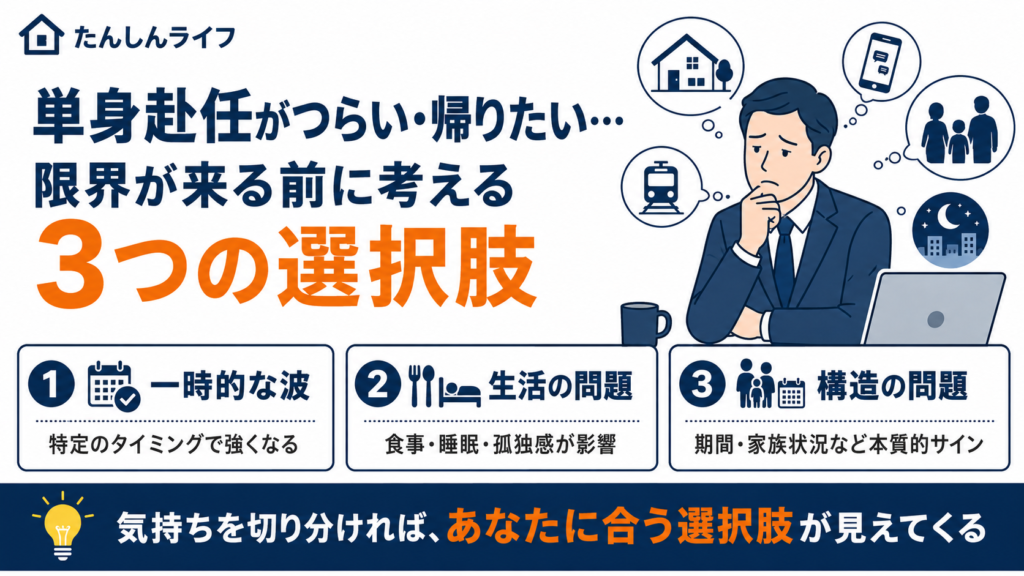 単身赴任がつらい・帰りたいと感じたときに、一時的な波、生活の問題、構造の問題の3つに切り分けて考えることを示した図解