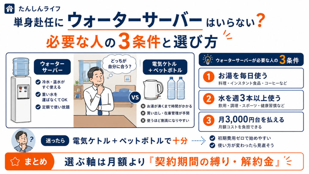単身赴任にウォーターサーバーが必要かを3条件で判断する比較ガイド